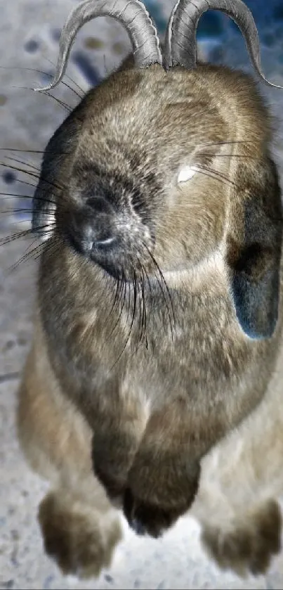 Rabbit with goat-like horns on textured surface.