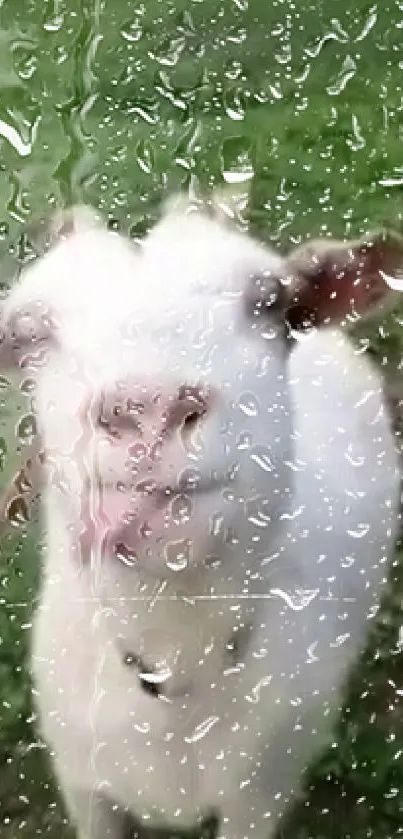 A cute goat seen through rain-soaked glass on a tranquil green background.