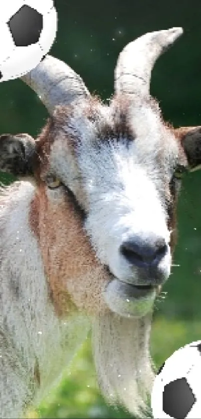 Goat with two soccer balls on a green background.