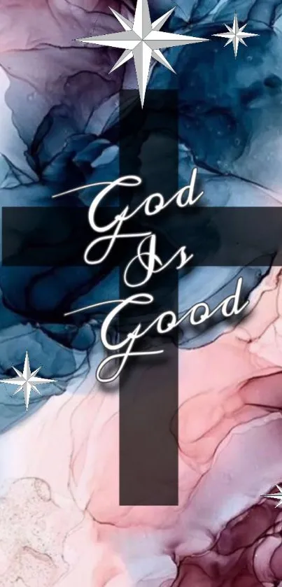 Inspirational 'God Is Good' wallpaper with cross and abstract design.