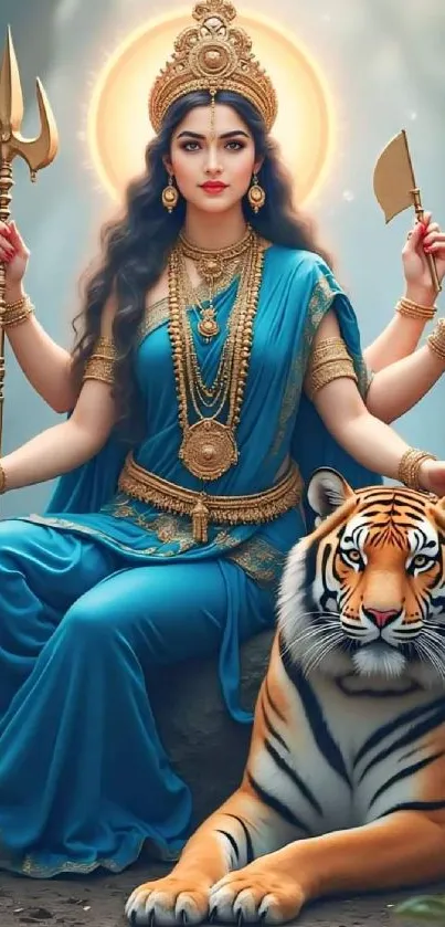 Goddess in blue with a tiger.