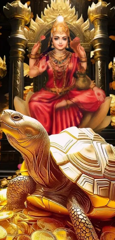 Goddess seated with turtle, gold coins around.