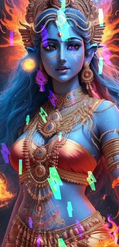 Fantasy goddess art with vibrant fire effects.