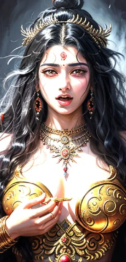 Intricate goddess art with gold details on a phone wallpaper.