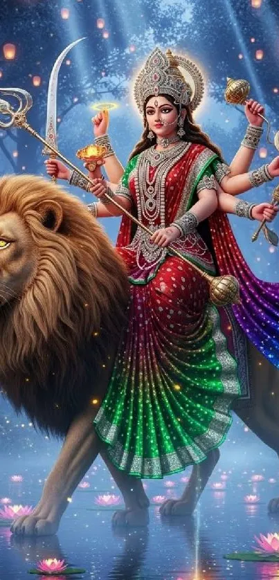 A multi-armed goddess riding a lion with a lantern-lit background.