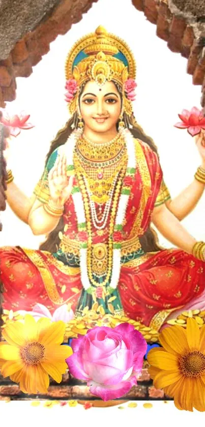 Mobile wallpaper of a goddess adorned with flowers.