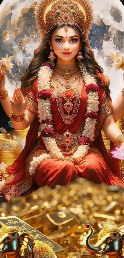 Goddess surrounded by gold and moonlit beauty.