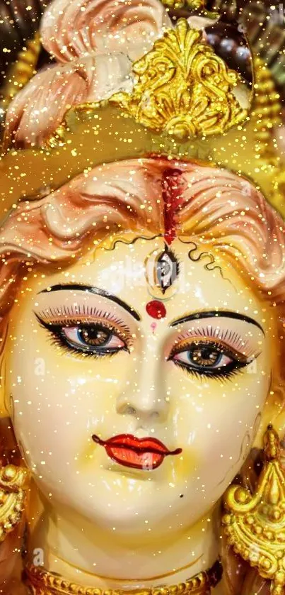 Golden Goddess Durga statue with glitter effects.