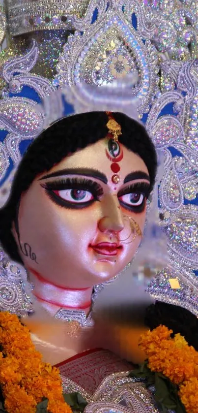 Intricate and vibrant Goddess Durga artwork in divine traditional setting.