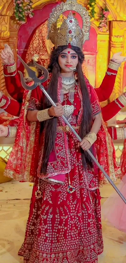 Mobile wallpaper of Goddess Durga in vibrant traditional attire during a festival.