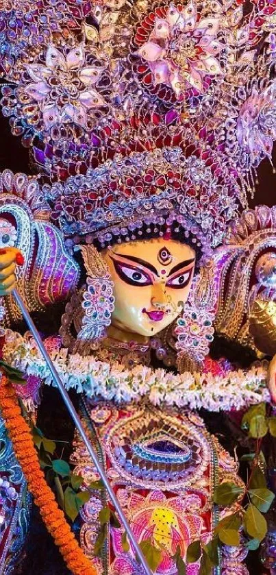 Colorful image of Goddess Durga with intricate traditional attire.