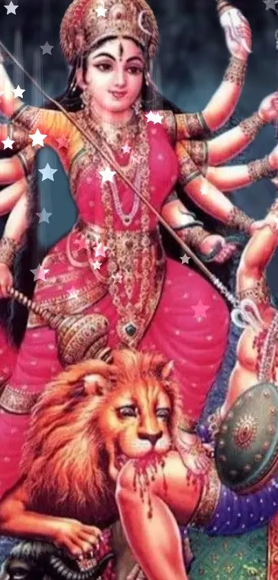 Vibrant mobile wallpaper of Goddess Durga in red attire and divine pose.