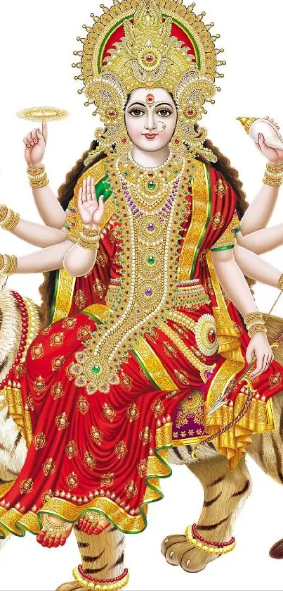 Goddess Durga with multiple arms riding a tiger, adorned in red and gold.