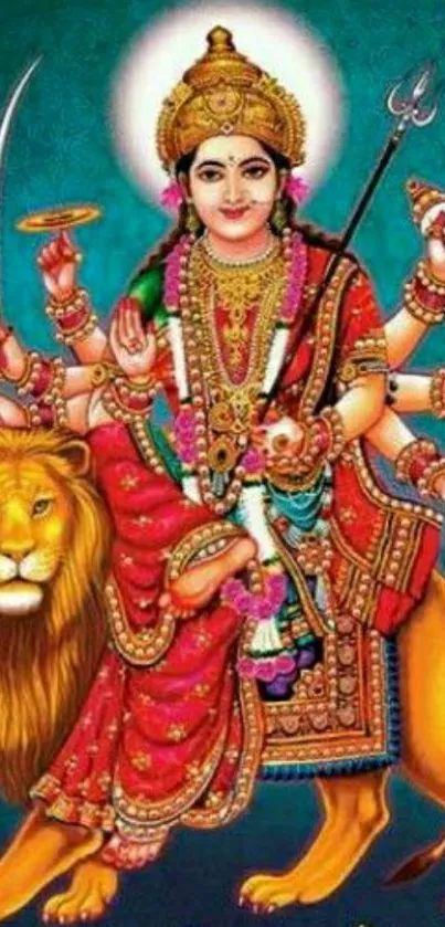 Vibrant depiction of Goddess Durga on a lion, ideal for phone wallpaper.