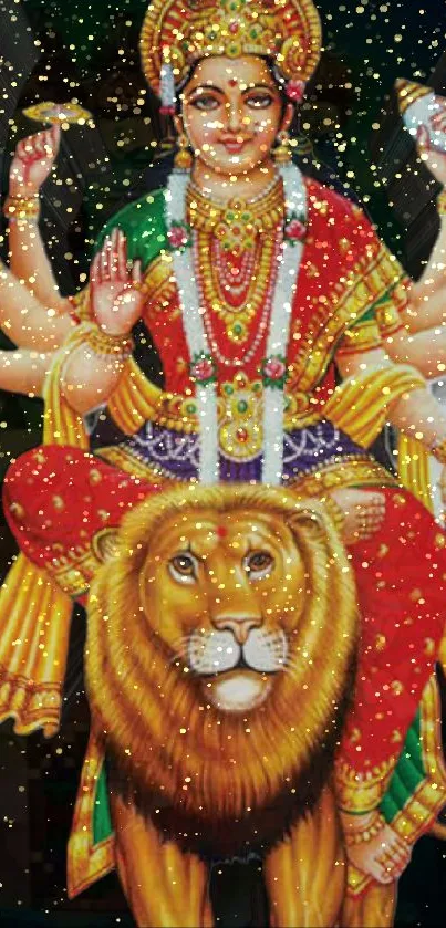 Colorful depiction of Goddess Durga riding a lion with vibrant red attire.