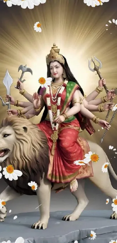 Durga on lion surrounded by flowers and light.