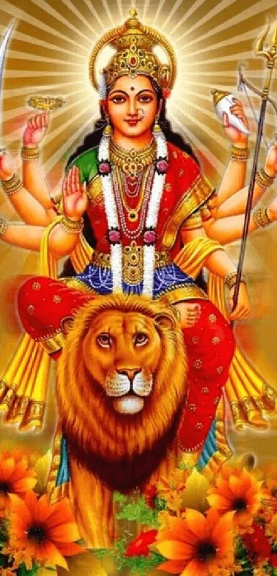 Goddess Durga with multiple arms on a lion adorned in vibrant colors.