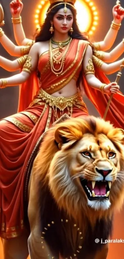 Goddess Durga sitting on a lion with multiple arms and a halo.