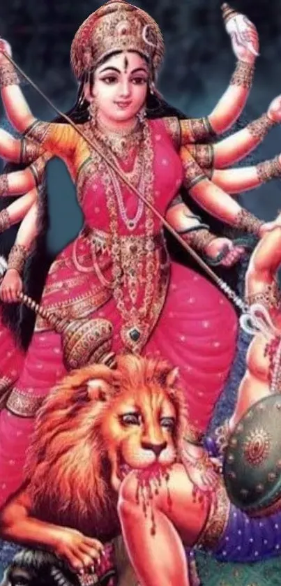 Vibrant depiction of Goddess Durga in colorful attire with multiple arms.