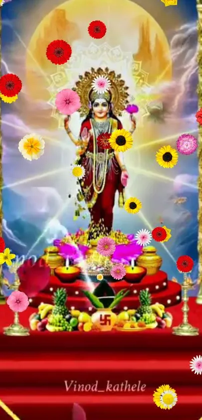 Vibrant Goddess Durga mobile wallpaper with floral design.