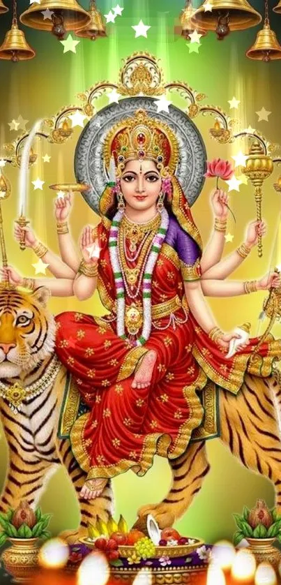 Vibrant depiction of Goddess Durga on tiger with candles.