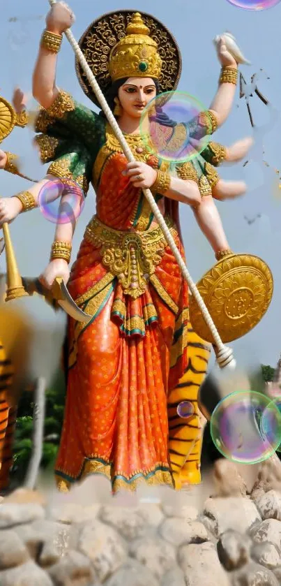 Vibrant image of Goddess Durga statue with tiger and colorful bubbles.