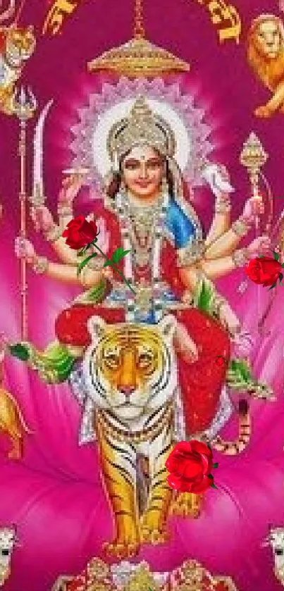 Vibrant mobile wallpaper of Goddess Durga on a tiger with pink background.