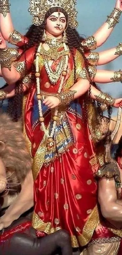 Vibrant depiction of Goddess Durga in traditional attire with lion and demon.