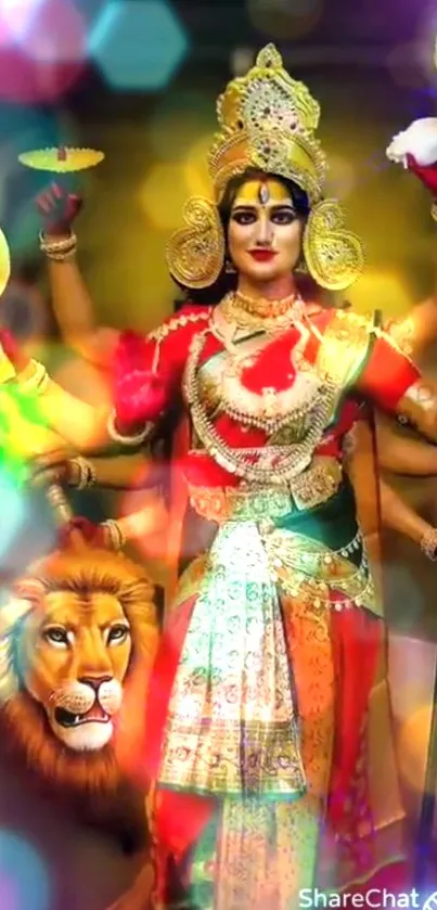 Colorful depiction of Goddess Durga with lion and vibrant background.