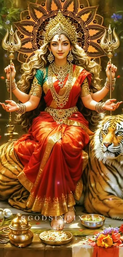 Vibrant artwork of Goddess Durga with a tiger in a floral setting.