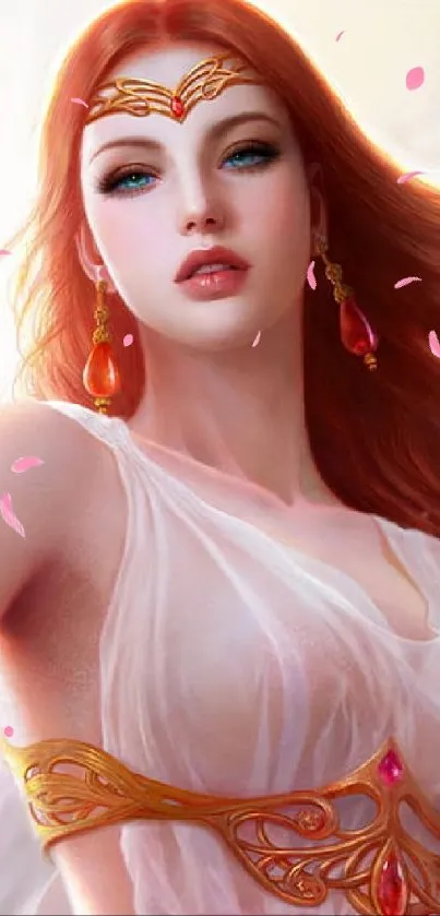 Illustration of a radiant fantasy goddess with flowing red hair and golden accents.