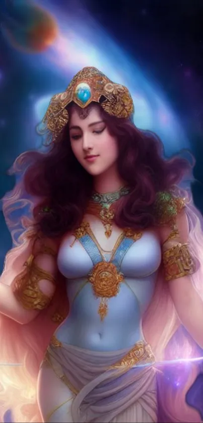 Celestial goddess artwork with mystical hues and intricate details.