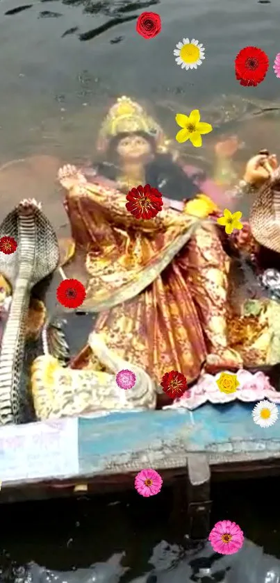 Colorful goddess idol surrounded by flowers in water.