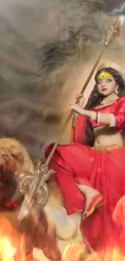 Fierce goddess in red with lion and flames, holding a trident.