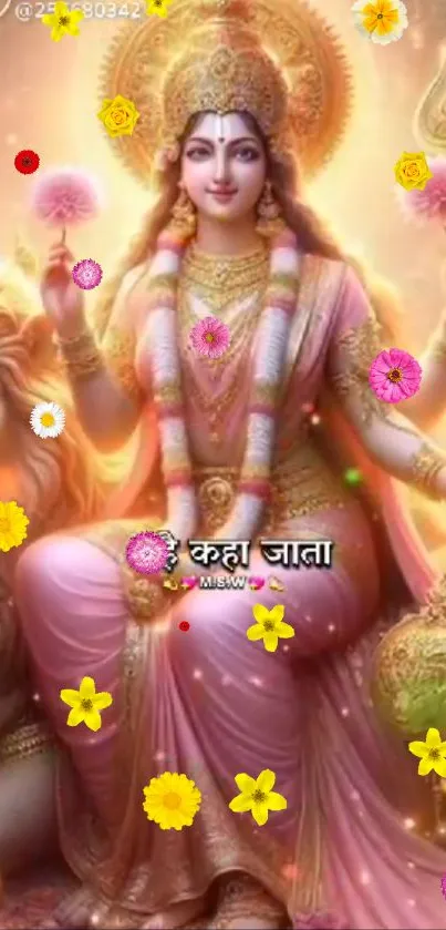 Divine goddess adorned with flowers and golden aura.