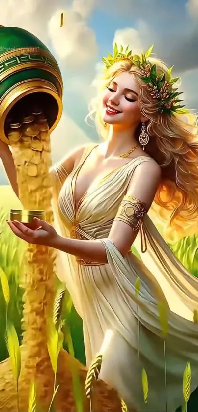 Beautiful goddess pouring gold in a wheat field.