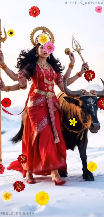 Goddess with bull in snowy landscape, vibrant red attire.