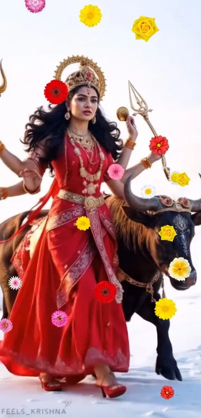 Goddess in red attire with floral elements.