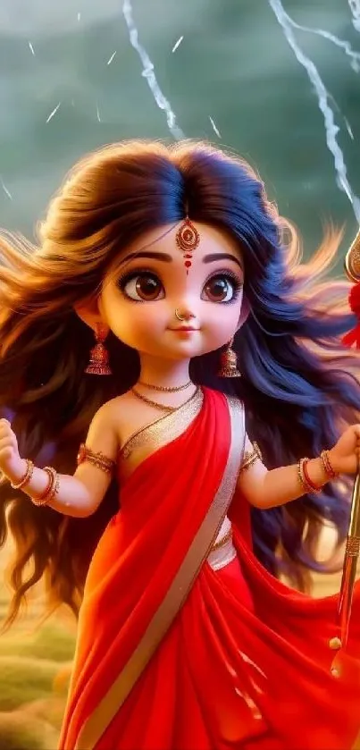 Cartoon character in red sari with a trident, inspired by Indian goddess.