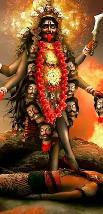 Vibrant depiction of Goddess Kali with fiery backdrop.