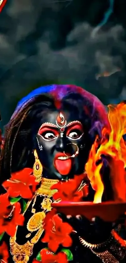 Mobile wallpaper of Goddess Kali with fire and vibrant attire.