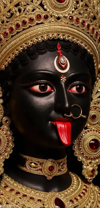 Goddess Kali adorned in gold and red jewelry for a spiritual wallpaper.