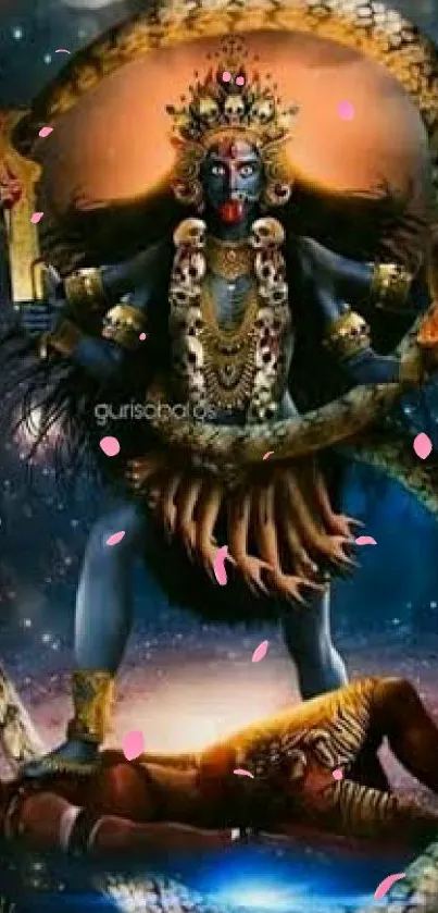 Colorful wallpaper of Goddess Kali showcasing divine energy and mythology.