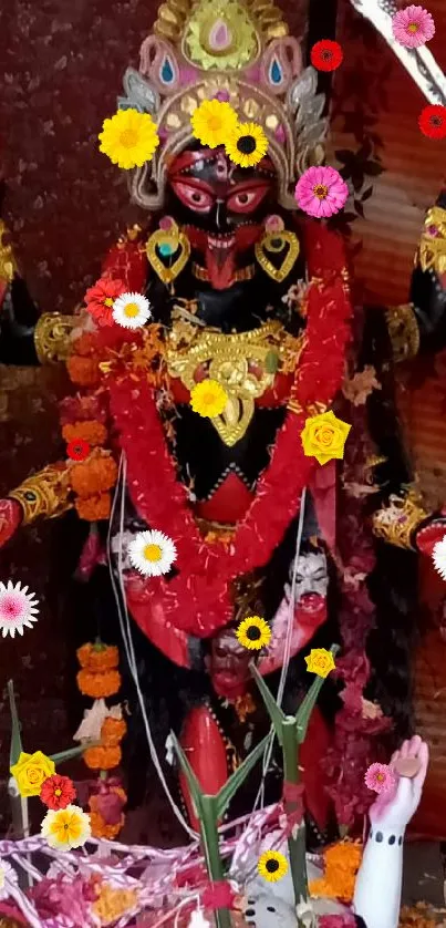 Vibrant depiction of Goddess Kali statue with colorful floral adornments.