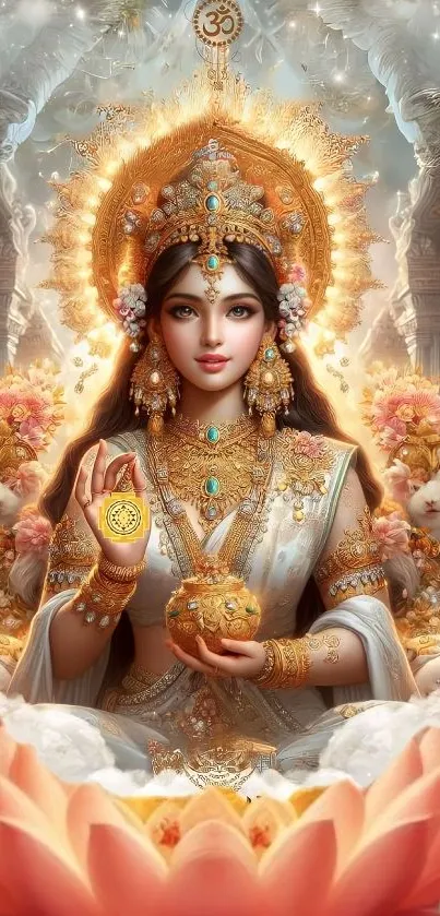 Goddess Lakshmi with golden details and divine setting