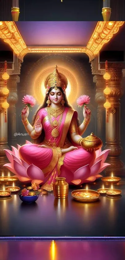 Goddess Lakshmi on a glowing pink lotus surrounded by golden light.