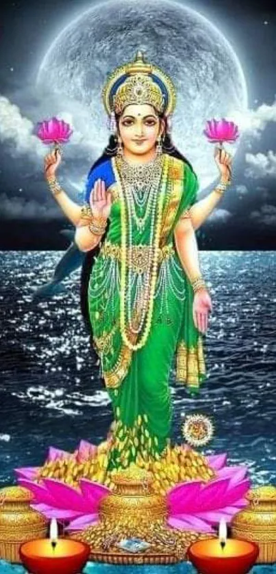 Goddess Lakshmi on lotus with moonlit background.