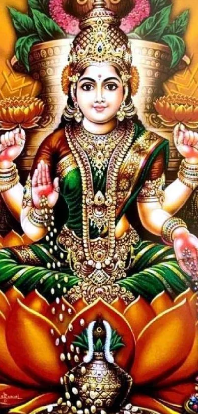 Goddess Lakshmi surrounded by golden hues and lotus flowers.