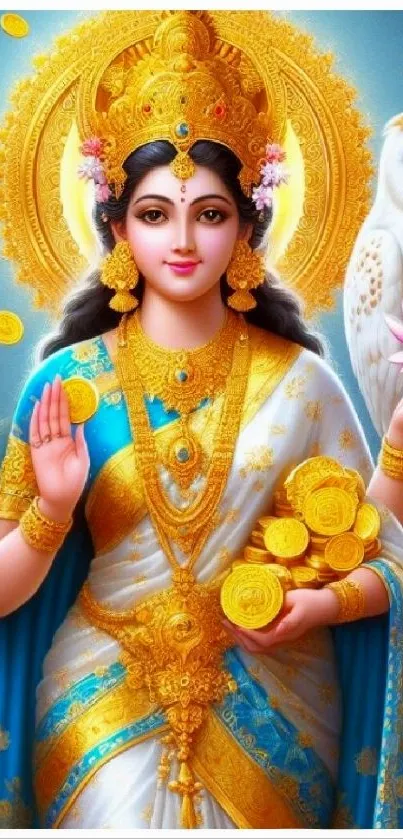 Goddess Lakshmi with golden coins and lotus flowers, symbolizing prosperity.