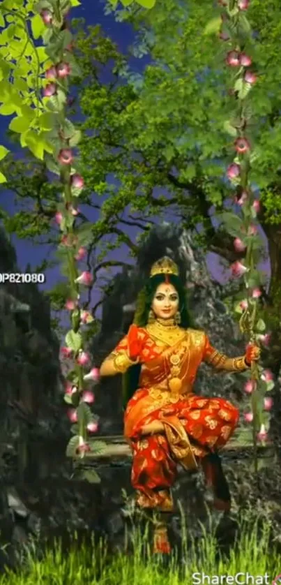 Goddess in orange attire on a floral swing with a green backdrop.